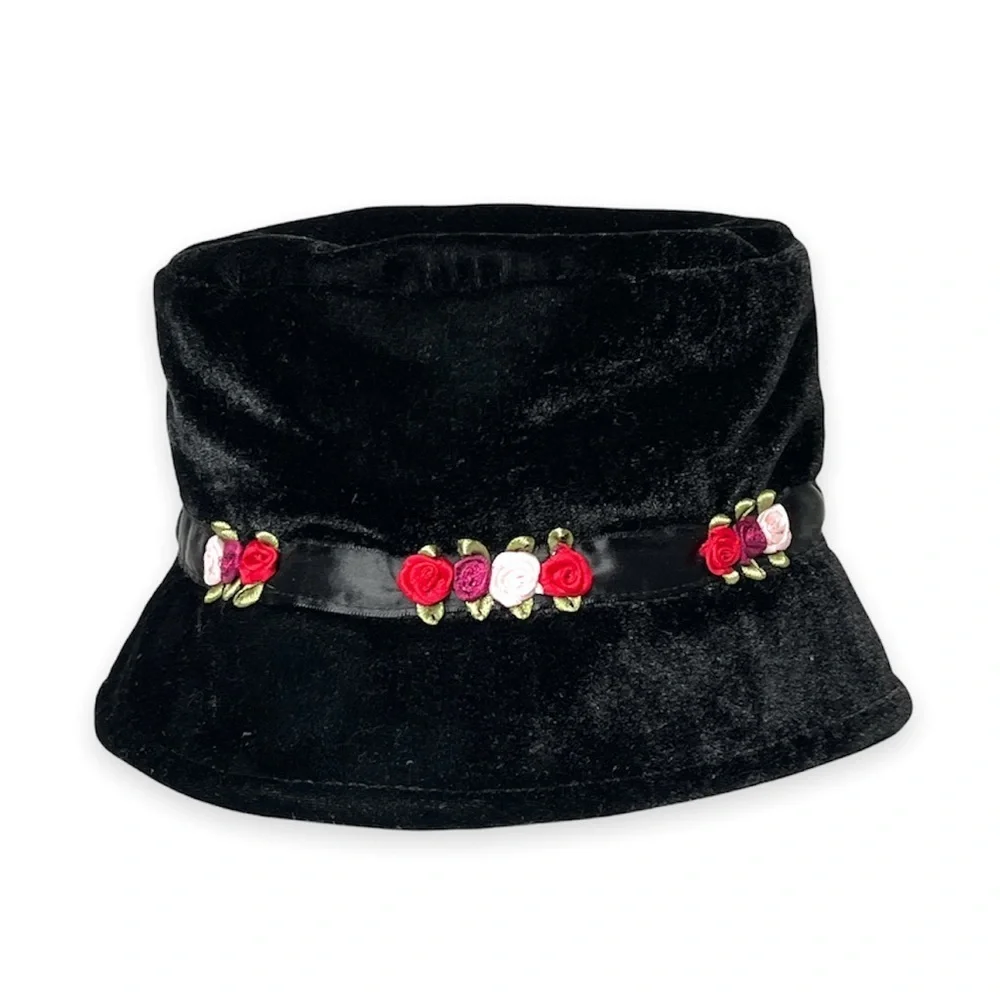 Black Velvet Bucket Hat Satin Ribbon Roses Satin Ribbon Band Lined Toddler Size